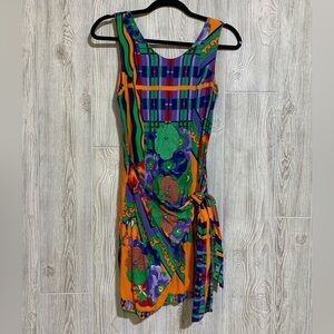 Vibrant Floral Abstract Tropical Print Faux Wrap Dress Vintage Pineapple Moon S